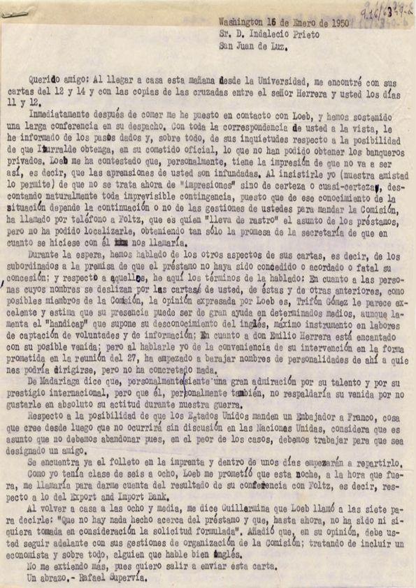 Carta de Rafael Supervía a Indalecio Prieto. Washington, 16 de enero 1950 | Biblioteca Virtual Miguel de Cervantes