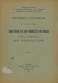 Portada:Sanatorio de San Francisco de Borja para leprosos en Fontilles. Memoria / R. Vidal