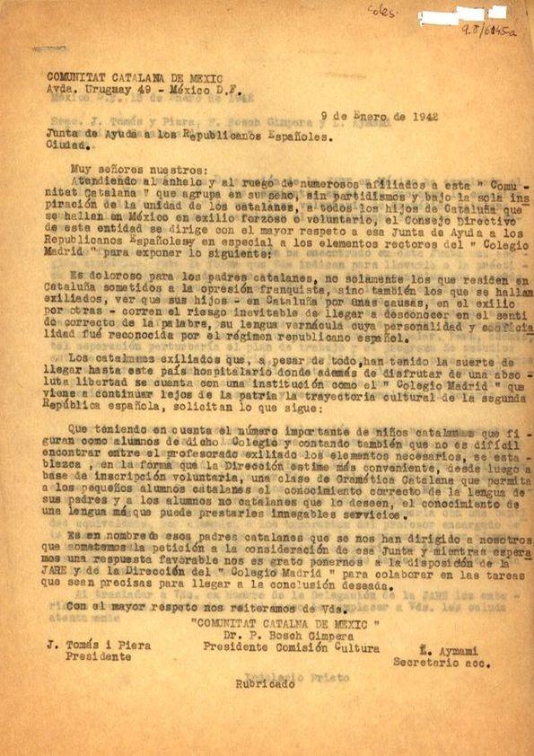 Carta de Josep Tomás i Piera a la Junta de Ayuda a los Republicanos Españoles. México, 9 de enero de 1942 | Biblioteca Virtual Miguel de Cervantes