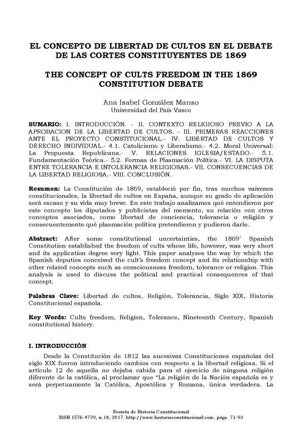 El concepto de libertad de cultos en el debate de las Cortes Constituyentes de 1869 / Ana Isabel González Manso | Biblioteca Virtual Miguel de Cervantes