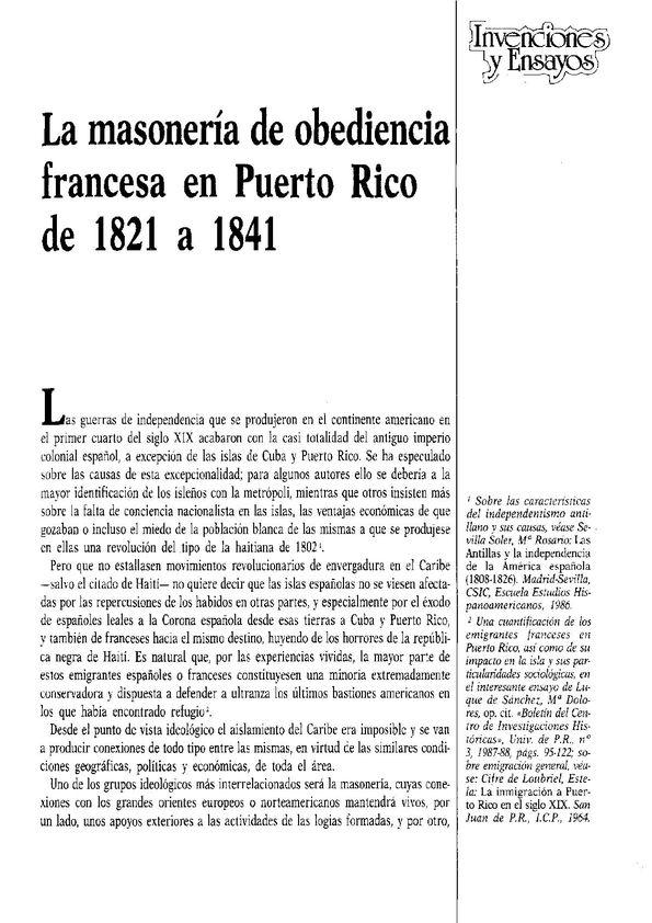 La masonería de obediencia francesa en Puerto Rico de 1821 a 1841 / José Antono Ayala | Biblioteca Virtual Miguel de Cervantes