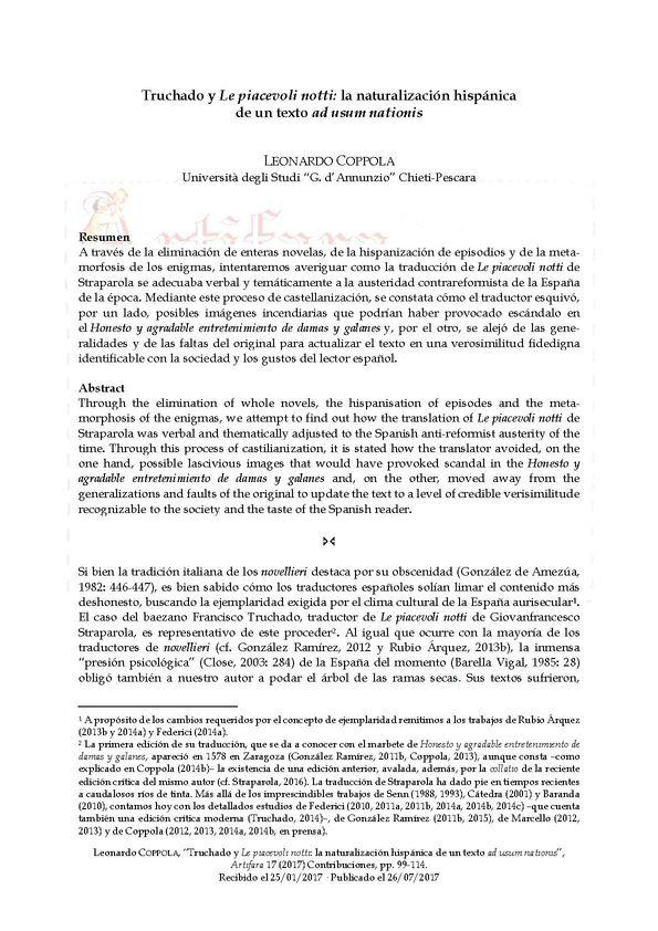 Truchado y "Le Piacevoli notti": la naturalización hispánica de un texto "ad usum nationis" / Leonardo Coppola | Biblioteca Virtual Miguel de Cervantes