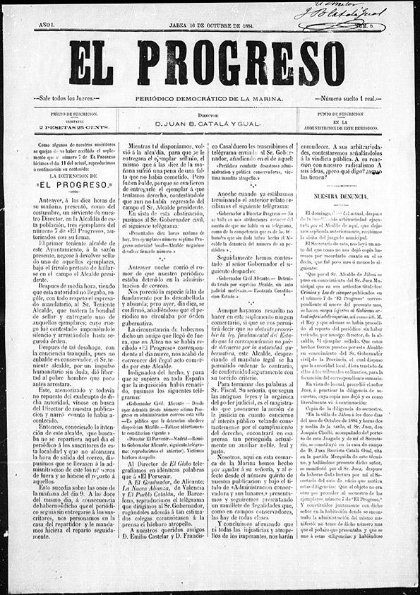 El Progreso : Periódico Democrático de la Marina. Núm. 8, 16 de octubre de 1884 | Biblioteca Virtual Miguel de Cervantes