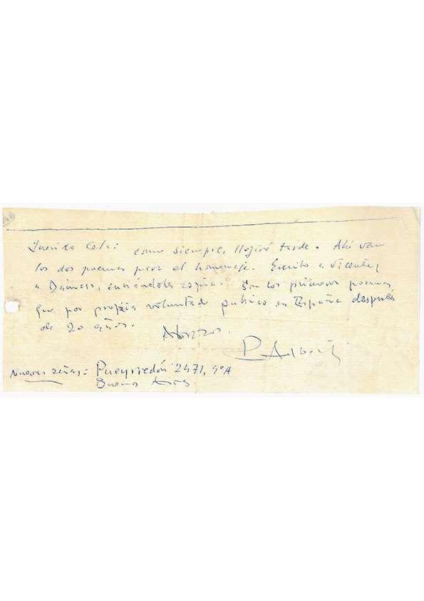 Carta de Rafael Alberti a Camilo José Cela. Buenos Aires, octubre de 1958 | Biblioteca Virtual Miguel de Cervantes