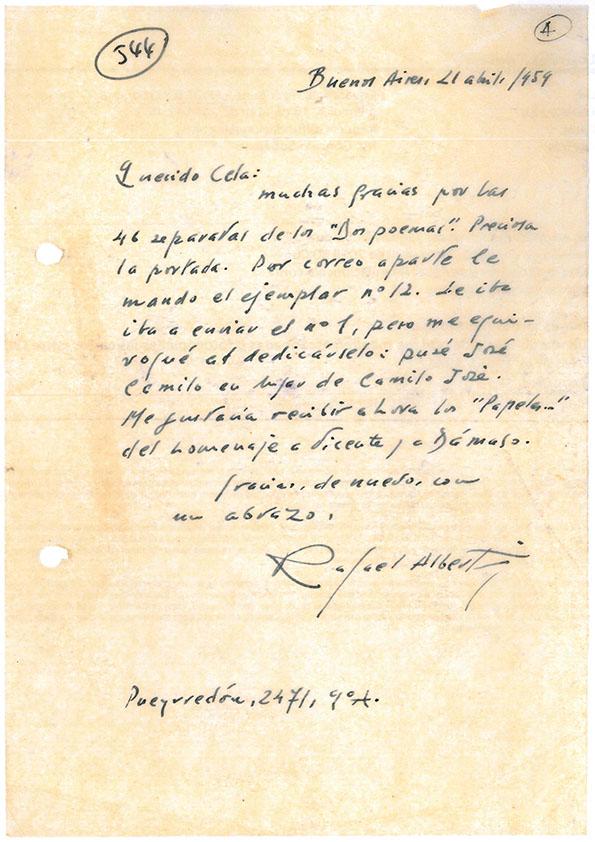 Carta de Rafael Alberti a Camilo José Cela. Buenos Aires, 21 de abril de 1959
 | Biblioteca Virtual Miguel de Cervantes