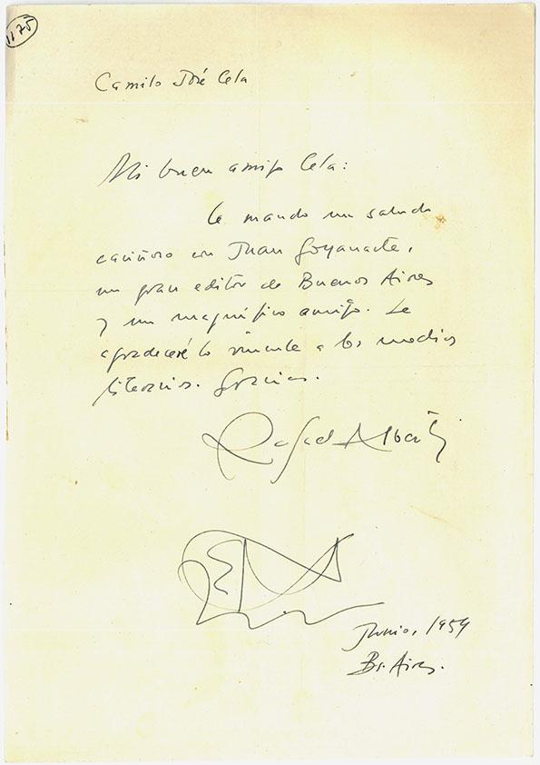 Carta de Rafael Alberti a Camilo José Cela. Buenos Aires, junio de 1959
 | Biblioteca Virtual Miguel de Cervantes