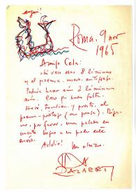 Portada:Carta de Rafael Alberti a Camilo José Cela. Roma, 9 de noviembre de 1965
