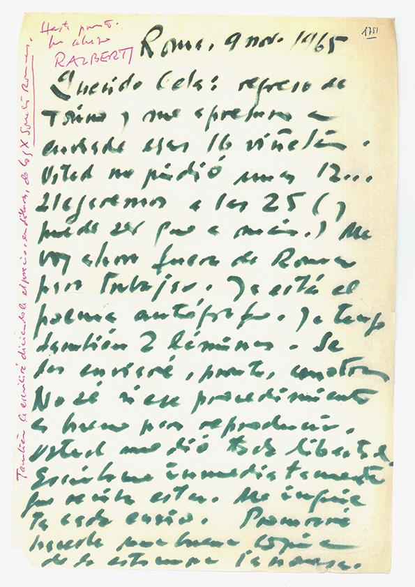 Carta de Rafael Alberti a Camilo José Cela. Roma, 9 de noviembre de 1965
 | Biblioteca Virtual Miguel de Cervantes