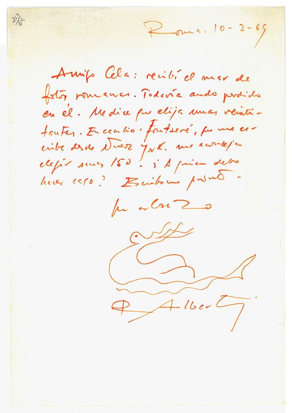 Carta de Rafael Alberti a Camilo José Cela. Roma, 10 de febrero de 1969
 | Biblioteca Virtual Miguel de Cervantes