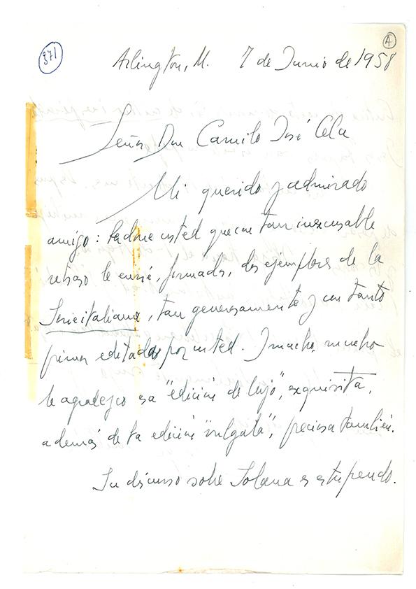 Carta de Jorge Guillén a Camilo José Cela. Arlington, 7 de junio de 1958
 | Biblioteca Virtual Miguel de Cervantes