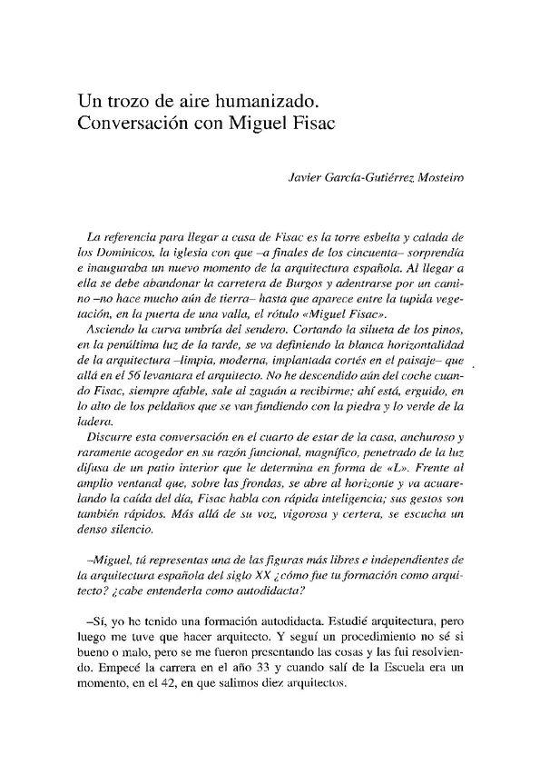Un trozo de aire humanizado. Conversación con Miguel Fisac / Javier García-Gutiérrez Mosteiro | Biblioteca Virtual Miguel de Cervantes
