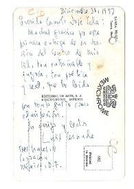Portada:Postal de Luis Cernuda a Camilo José Cela. México, 30 de diciembre de 1957
