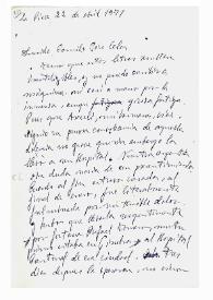 Portada:Carta de María Zambrano a Camilo José Cela. Crozet-par-Gex, Francia, 23 de abril de 1971
