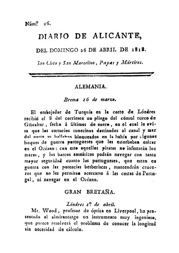 Diario de Alicante. Núm. 26, 26 de abril de 1818 | Biblioteca Virtual Miguel de Cervantes
