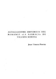 Portada:Antecedentes históricos del romance \"La barraca\" de Vicente Medina / Juan Torres Fontes