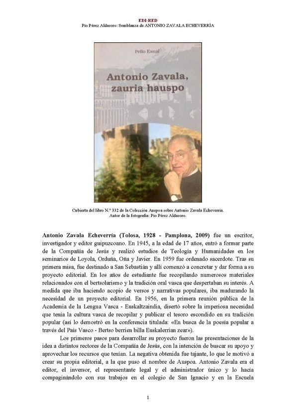 Antonio Zavala Echeverría (Tolosa, 1928 - Pamplona, 2009) [Semblanza] / Pío Pérez Aldasoro | Biblioteca Virtual Miguel de Cervantes