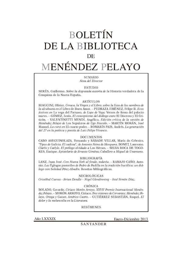 Boletín de la Biblioteca de Menéndez Pelayo. Año LXXXIX, enero-diciembre 2013 | Biblioteca Virtual Miguel de Cervantes