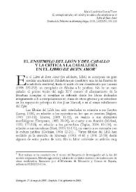 Portada:El \"ensiemplo del león y del caballo\" y la crítica a la caballería en el \"Libro de Buen Amor\" / Mª Luzdivina Cuesta Torre