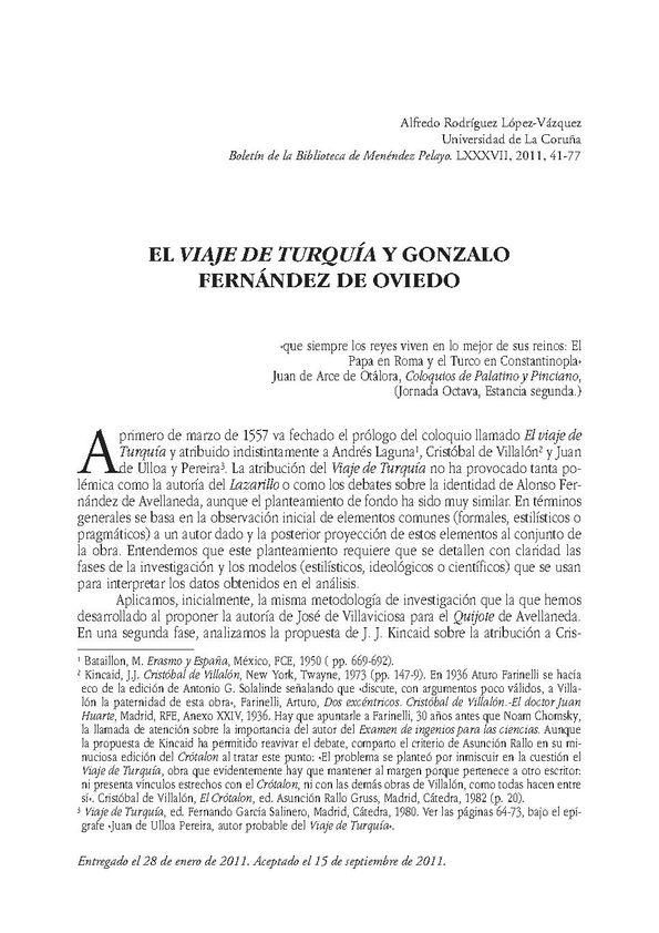 El "Viaje de Turquía" y Gonzalo Fernández de Oviedo / Alfredo Rodríguez López-Vázquez | Biblioteca Virtual Miguel de Cervantes