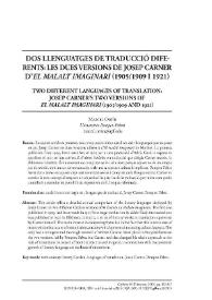 Portada:Dos llenguatges de traducció diferents: les dues versions de Josep Carner d’«El malalt imaginari» (1905/1909 i 1921) / Marcel Ortín