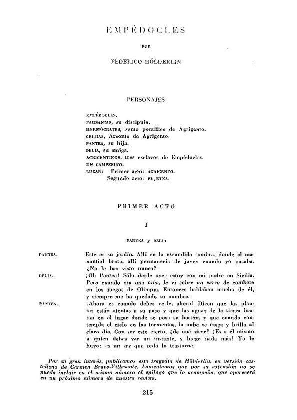 Empédocles / por Federico Hölderlin ; versión castellana de Carmen Bravo-Villasante
 | Biblioteca Virtual Miguel de Cervantes