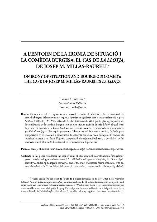 A l’entorn de la ironia de situació i la comèdia burgesa: el cas de «La llotja», de Josep M. Millàs / Ramon X. Rosselló | Biblioteca Virtual Miguel de Cervantes