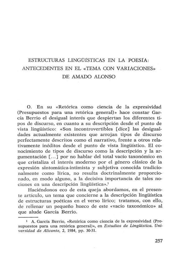 Estructuras lingüísticas en la poesía: antecedentes en el "tema con variaciones" de Amado Alonso / Pilar Rubio Montaner | Biblioteca Virtual Miguel de Cervantes
