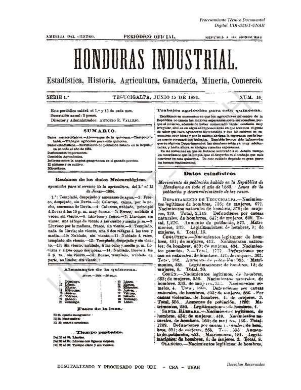 Honduras Industrial. Serie 1.ª, núm. 10, 15 de junio de 1884 | Biblioteca Virtual Miguel de Cervantes