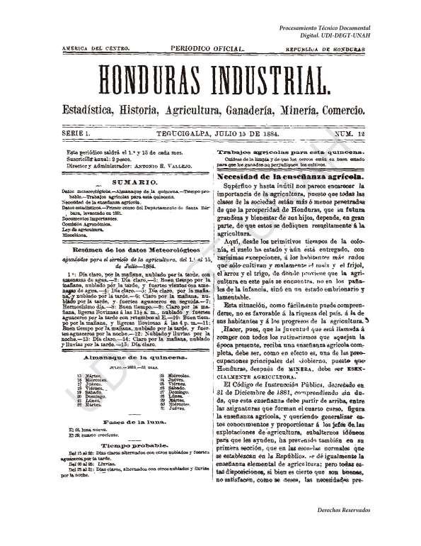 Honduras Industrial. Serie 1.ª, núm. 12, 15 de julio de 1884 | Biblioteca Virtual Miguel de Cervantes