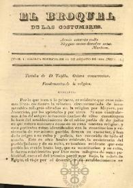 Portada:El Broquel de las Costumbres. Tomo I, núm. 11, miércoles 13 de agosto de 1834