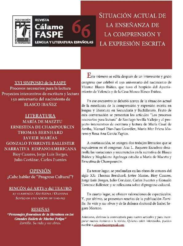 Revista Cálamo FASPE : lengua y literatura españolas. Núm. 66, 2018 | Biblioteca Virtual Miguel de Cervantes