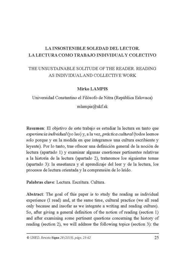 La insostenible soledad del lector. La lectura como trabajo individual y colectivo / Mirko Lampis | Biblioteca Virtual Miguel de Cervantes