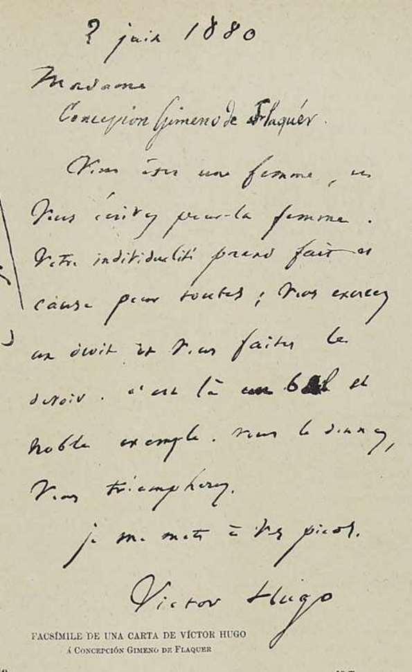 Carta de Víctor Hugo a Concepción Gimeno de Flaquer. 3 de junio de 1880 | Biblioteca Virtual Miguel de Cervantes