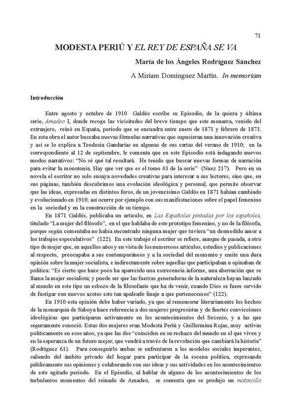Modesta Periú y "El Rey de España se va" / María de los Ángeles Rodríguez Sánchez | Biblioteca Virtual Miguel de Cervantes