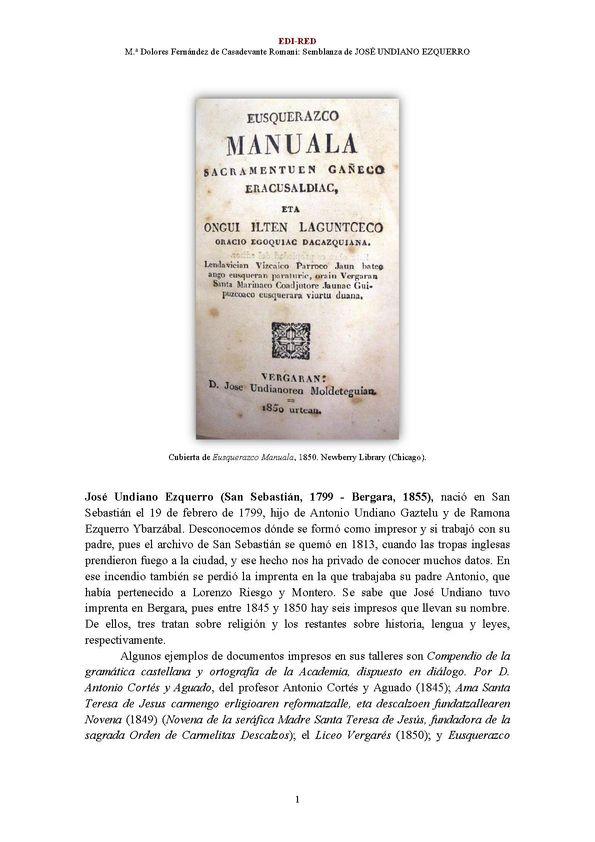 José Undiano Ezquerro [editor] (San Sebastián, 1799 - Bergara, 1855) [Semblanza] / M.ª Dolores Fernández de Casadevante Romaní | Biblioteca Virtual Miguel de Cervantes