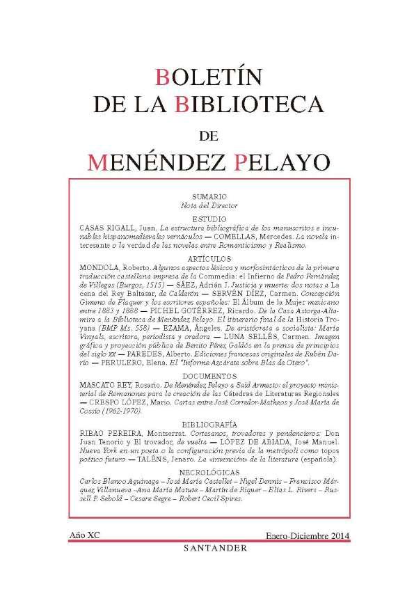 Boletín de la Biblioteca de Menéndez Pelayo. Año XC, enero-diciembre 2014 | Biblioteca Virtual Miguel de Cervantes