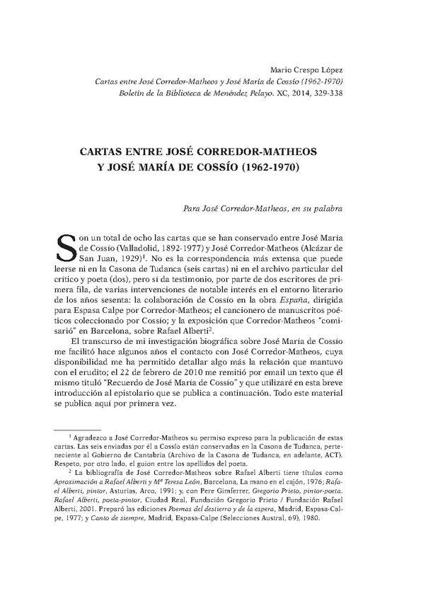 Cartas entre José Corredor-Matheos y José María de Cossío (1962-1970) / Mario Crespo López | Biblioteca Virtual Miguel de Cervantes