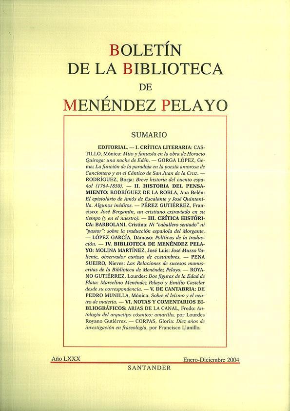 Boletín de la Biblioteca de Menéndez Pelayo. Año LXXX, enero-diciembre 2004 | Biblioteca Virtual Miguel de Cervantes
