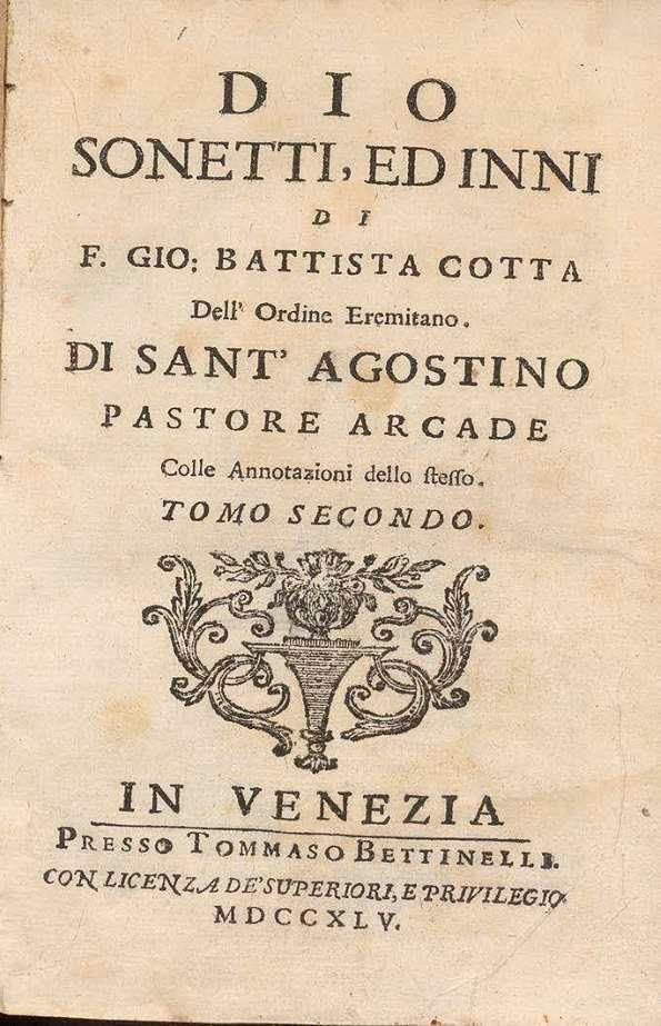 Dio sonetti, ed inni. Tomo secondo / di F. Gio. Battista Cotta dell'Ordine Eremitano...  | Biblioteca Virtual Miguel de Cervantes