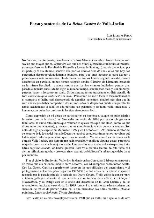 Farsa y sentencia de "La Reina Castiza" de Valle-Inclán / Luis Iglesias Feijoo | Biblioteca Virtual Miguel de Cervantes