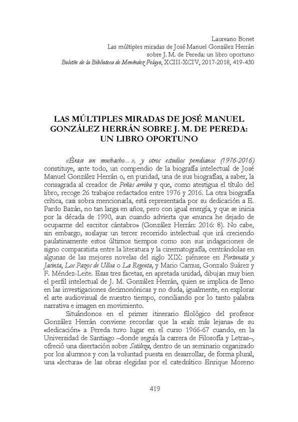Las múltiples miradas de José Manuel González Herrán sobre J. M. de Pereda: un libro oportuno / Laureano Bonet | Biblioteca Virtual Miguel de Cervantes