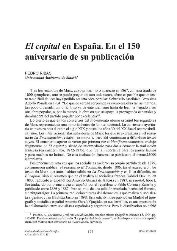 "El capital" en España. En el 150 aniversario de su publicación | Biblioteca Virtual Miguel de Cervantes