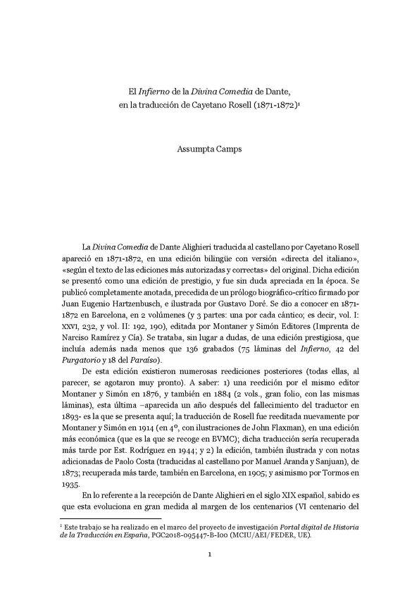 El "Infierno de la Divina Comedia" de Dante, en la traducción de Cayetano Rosell (1871-1872) / Assumpta Camps | Biblioteca Virtual Miguel de Cervantes