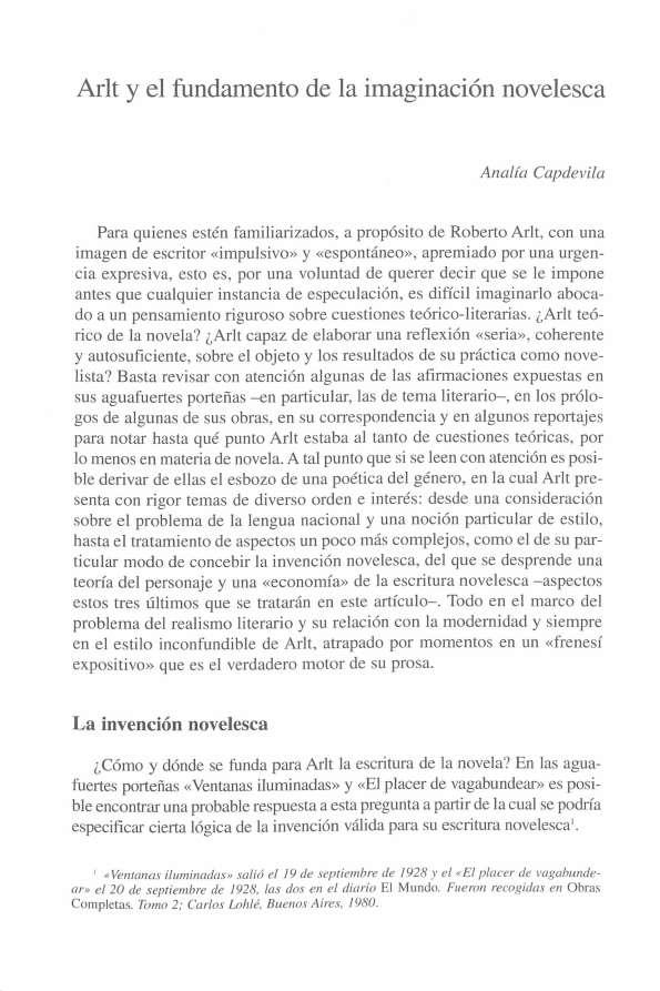 Arlt y el fundamento de la imaginación novelesca / Analía Capdevila | Biblioteca Virtual Miguel de Cervantes