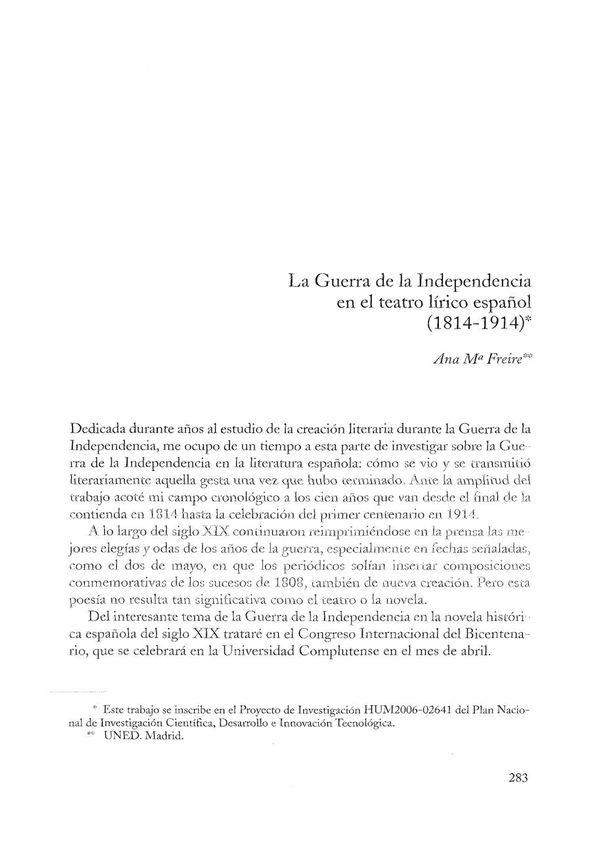 La Guerra de la Independencia en el teatro lírico español (1814-1914) / Ana María Freire López | Biblioteca Virtual Miguel de Cervantes