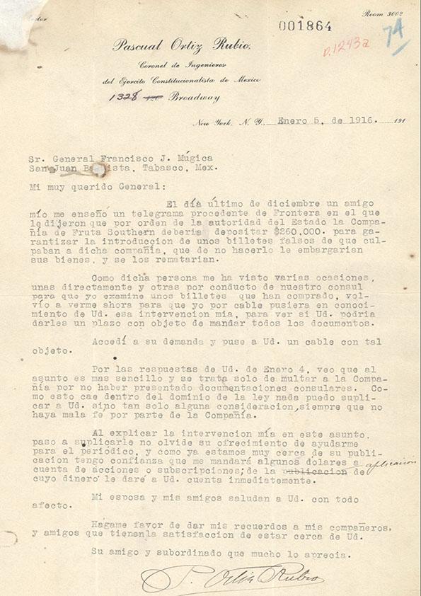 Carta de Pascual Ortiz Rubio a Francisco J. Múgica. Tabasco (México), 5 de enero de 1916
 | Biblioteca Virtual Miguel de Cervantes