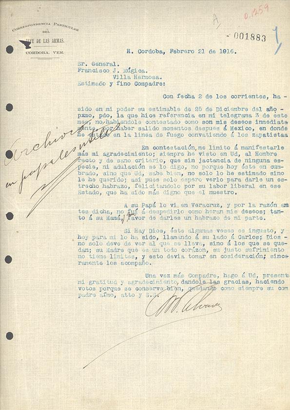 Carta dirigida al General Francisco J. Múgica. Córdoba (México), 21 de febrero de 1916  | Biblioteca Virtual Miguel de Cervantes