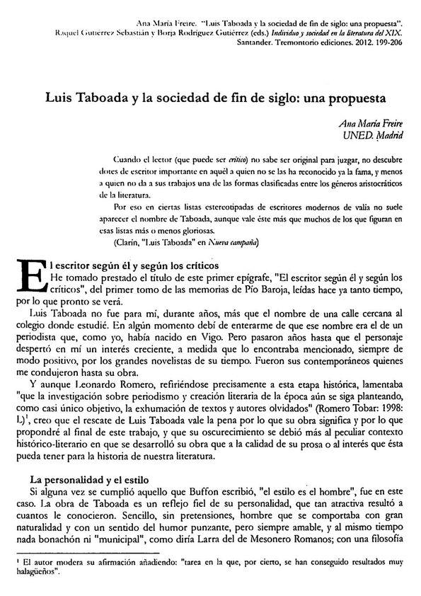 Luis Taboada y la sociedad de fin de siglo: una propuesta / Ana María Freire | Biblioteca Virtual Miguel de Cervantes