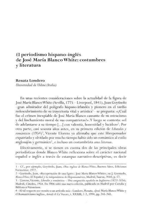 El periodismo hispano-inglés de José María Blanco White: costumbres y literatura / Renata Londero | Biblioteca Virtual Miguel de Cervantes