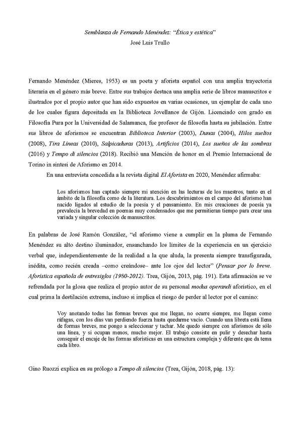 Semblanza de Fernando Menéndez: "Ética y estética"  / José Luis Trullo | Biblioteca Virtual Miguel de Cervantes